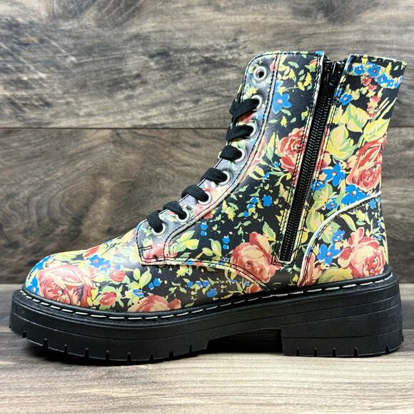 NIB Sugar Kaedy Black Vintage Floral Combat Boots Booties 7M - Picture 5 of 11